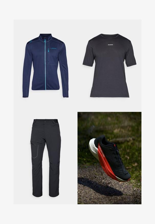 La Sportiva CHILL - Jakna iz flisa - deep sea/tropic blue; Črna kratkosrajčna performančna majica iz dihalnega blaga, s krožno izrezom in majhnim belim logotipom "SALOMON" na prsih.; Črne zunanje hlače z žepom na stegnu z zadrgo, elastičnim pasom in gladkim, vodoodpornim materialom. Čist dizajn brez vidnih logotipov.; Črne tekaške čevlje z rdečimi poudarki, lahka mrežasta zgornji del, strukturirana bela podplat in sistem vezalk. Zasnovani za zmogljivost in udobje.