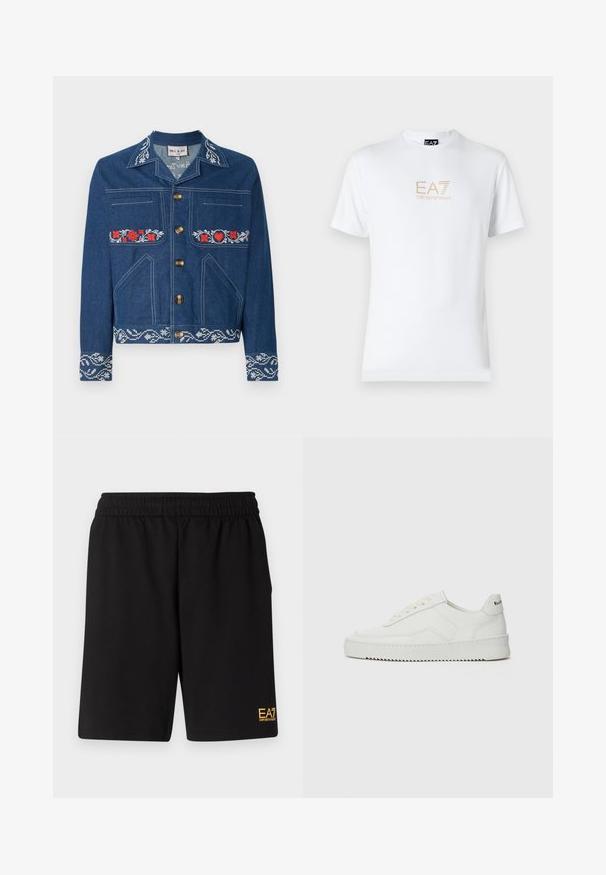 Jeans jakna v temno modri barvi z rdečimi cvetličnimi vezeninami, zlatimi gumbi, žepi na prsih in straneh ter vzorčastim robom.; Bela bombažna majica s krožnim izrezom in kratkimi rokavi, s pozlačenim logotipom EA7 Emporio Armani natisnjenim spredaj.; Črne športne kratke hlače iz mehkega blaga, z elastičnim pasom in majhnim rumenim logotipom EA7 na spodnjem levem delu noge.; Bela usnjena športna obutev z gladko površino, okroglo prst, ravne vezalke in teksturiran podplat. Ima diskretno logo na peti.