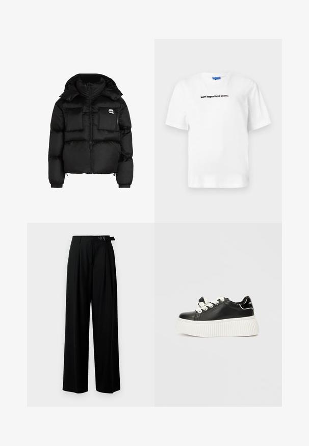 Casaco puffer preto com gola alta, fecho zip, dois bolsos grandes à frente e punhos elásticos. Tecido liso e brilhante com capuz.; T-shirt branca de algodão com gola redonda e mangas curtas. A frente apresenta texto impresso em preto: "karl lagerfeld jeans". Textura suave.; Calças largas pretas de cintura alta, com pregas à frente e um cinto com fivela. Feitas de um tecido liso e leve.; Sapatilha de couro preto com uma sola grossa branca e canelada, apresentando atacadores brancos e um detalhe de laço decorativo na lingueta.