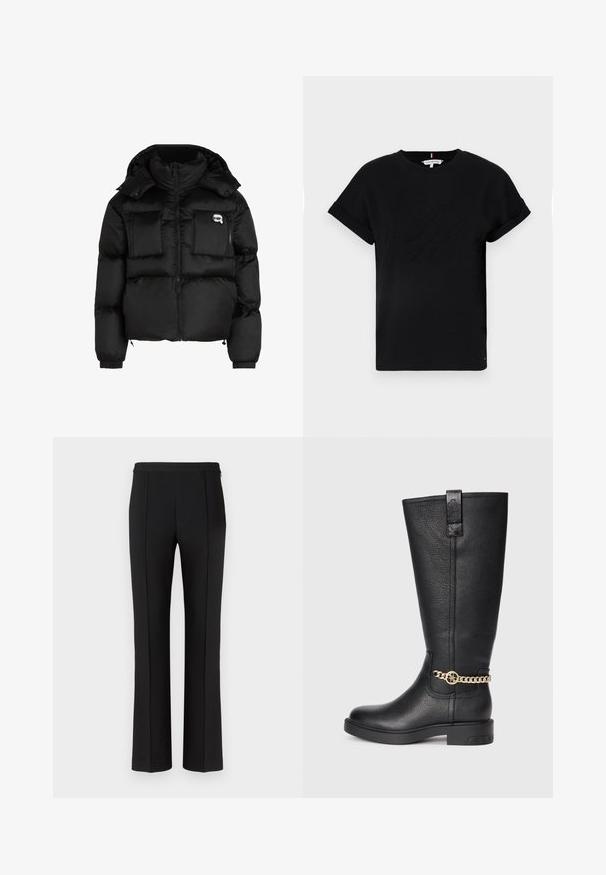 Černá péřová bunda s vysokým límcem, zapínáním na zip, dvěma velkými předními kapsami a elastickými manžetami. Hladká, lesklá látka s kapucí.; Černé bavlněné tričko s krátkými ohrnutými rukávy, se vzorovým logem uprostřed a malým akcentem vlajky na boku.; Černé kalhoty na míru s hladkou texturou, se střihem rovného nohavice, středovými předními sklady a minimalistickým designem pasu.; Černé kožené vysoké boty po kolena s texturovaným povrchem, vyznačující se ozdobným zlatým řetízkem a plochou gumovou podrážkou.