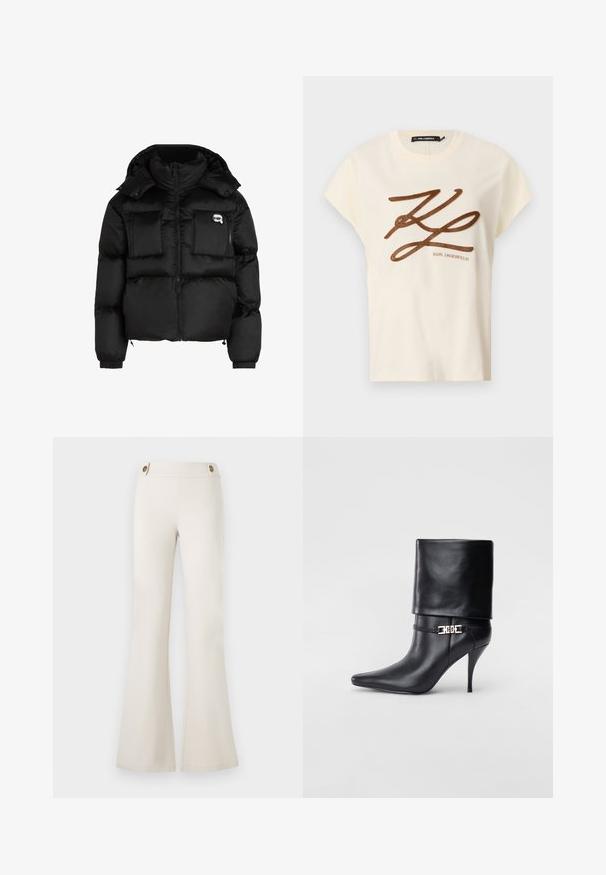 Čierna prešívaná bunda s vysokým golierom, so zipsom vpredu, dvoma veľkými prednými vreckami a elastickými manžetami. Hladká, lesklá tkanina s kapucňou.; Krémové bavlnené tričko s krátkymi rukávmi, na prednej strane s hnedou vyšitou šedou nášivkou a nápisom.; Guess MAELICE BUTTONS FLARE PANT - Nohavice - muted stone; Čierna kožená členková topánka s špicatou špičkou, vysokým ihlovým podpätkom, prehnutým manžetom a zlatým dekoratívnym sponou na členku.