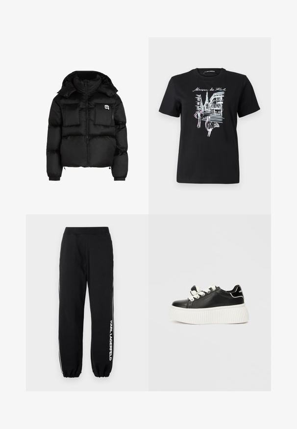 Crni puffer jakna s visokim ovratnikom, zatvorenjem na zip, dva velika prednja džepa i elastičnim rukavima. Glatka, sjajna tkanina s kapuljačom.; Crna pamučna majica s grafičkim dizajnom pariških ulica s tornjem, ukrašena ružičastim i bijelim linijama. Okrugli izrez.; Crne trenirke s elastičnim pojasom i manžetama, s bijelim bočnim prugama i logotipom "KARL LAGERFELD" na lijevoj nozi. Mekana tkanina.; Crne kožne tenisice s debelim bijelim rebrastim potplatom, s bijelim vezicama i dekorativnom mašnom na jeziku.