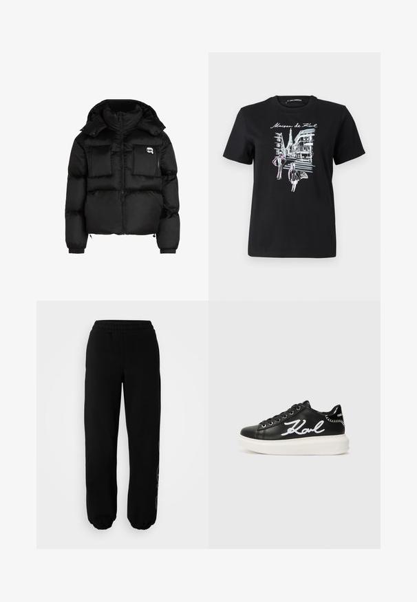 Čierna prešívaná bunda s vysokým golierom, so zipsom vpredu, dvoma veľkými prednými vreckami a elastickými manžetami. Hladká, lesklá tkanina s kapucňou.; Čierne bavlnené tričko s grafickým dizajnom parížskych ulíc s vežou, doplnené ružovým a bielym línie. Klasický okrúhly výstrih.; Čierne teplákové nohavice s elastickým pásom a manžetami. Vyrobené z mäkkého materiálu s jemným dizajnovým detailom na ľavej nohe.; Čierne kožené tenisky s bielym výšivkovým detailom "Karl", okrúhla špička, šnurovací dizajn a hrubá biela podrážka s textúrovanými akcentmi.