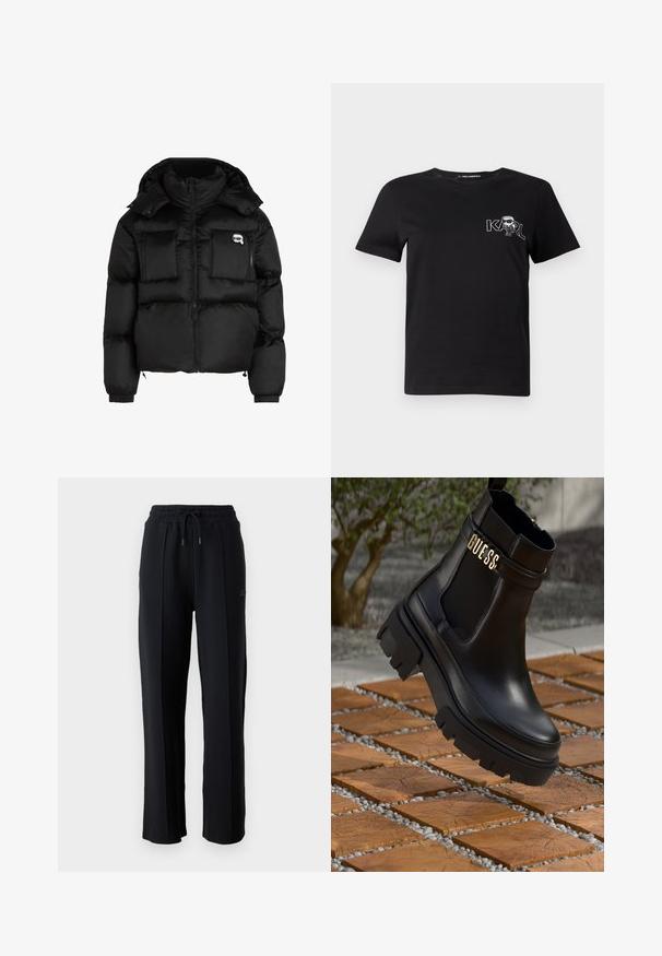 Giacca a vento nera con collo alto, zip frontale, due grandi tasche anteriori e polsini elasticizzati. Tessuto liscio e lucido con cappuccio.; T-shirt nera a maniche corte in cotone. Presenta una grafica bianca con il testo "KARL" e una figura stilizzata sul petto. Collo rotondo.; Pantaloni della tuta neri con una vestibilità rilassata, vita elastica, cordoncino regolabile e cuciture verticali lungo le gambe. Tessuto morbido.; Stivale alla caviglia in pelle nera con suola in gomma spessa, pannelli laterali in elastico e un accento dorato con il marchio "GUESS".