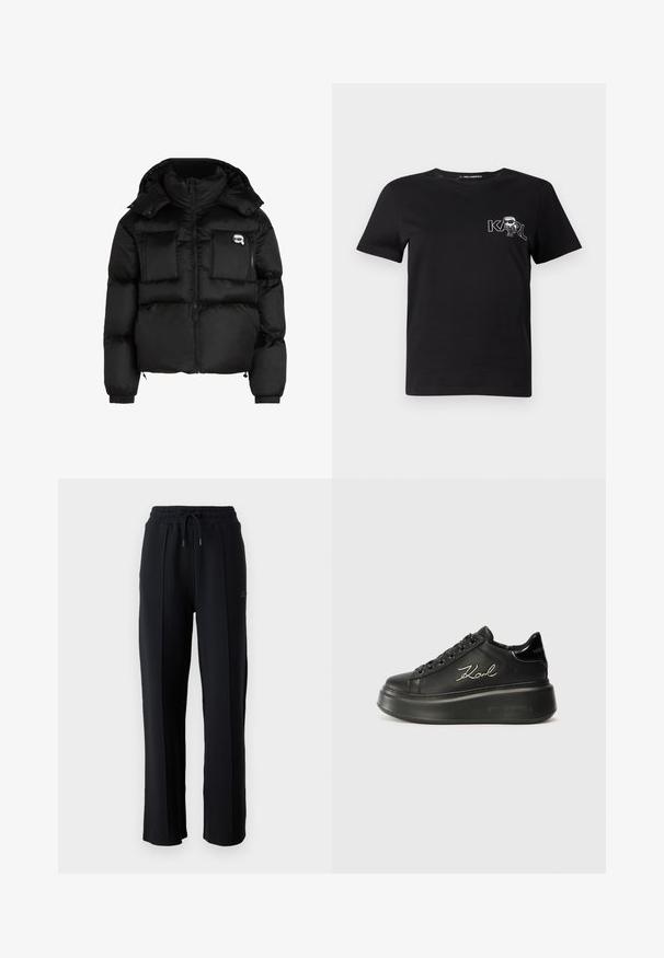 Doudoune noire avec col haut, fermeture éclair à l'avant, deux grandes poches avant et poignets élastiques. Tissu lisse et brillant avec capuche.; T-shirt noir à manches courtes en coton. Présente un graphique blanc avec le texte "KARL" et une figure stylisée sur la poitrine. Encolure ronde.; Pantalons de survêtement noirs avec une coupe décontractée, taille élastique, cordon de serrage ajustable et coutures verticales le long des jambes. Texture de tissu douce.; Baskets compensées noires avec une tige en cuir lisse, des lacets plats et un logo "Karl" brodé sur le côté. Bout arrondi et semelle épaisse.