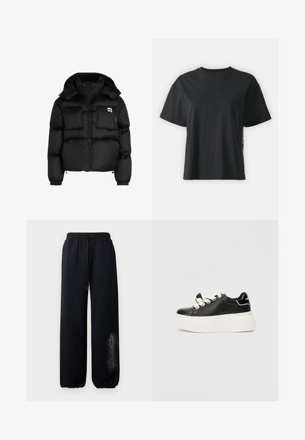 Czarna kurtka puchowa z wysokim kołnierzem, zapinana na zamek z przodu, z dwiema dużymi kieszeniami z przodu i elastycznymi mankietami. Gładki, błyszczący materiał z kapturem.; Czarna bawełniana koszulka z krótkim rękawem o luźnym kroju, z kontrastującym bocznym panelem, zawierającym mały tekst i detale wzornicze.; Czarne dresy z elastycznym paskiem w talii, sznurkiem do regulacji i ściągaczami na nogawkach. Posiadają nadruk tekstowy z brokatem na lewej nodze.; Czarne skórzane sneakersy z grubą, białą, prążkowaną podeszwą, z białymi sznurówkami i dekoracyjną kokardką na języku.
