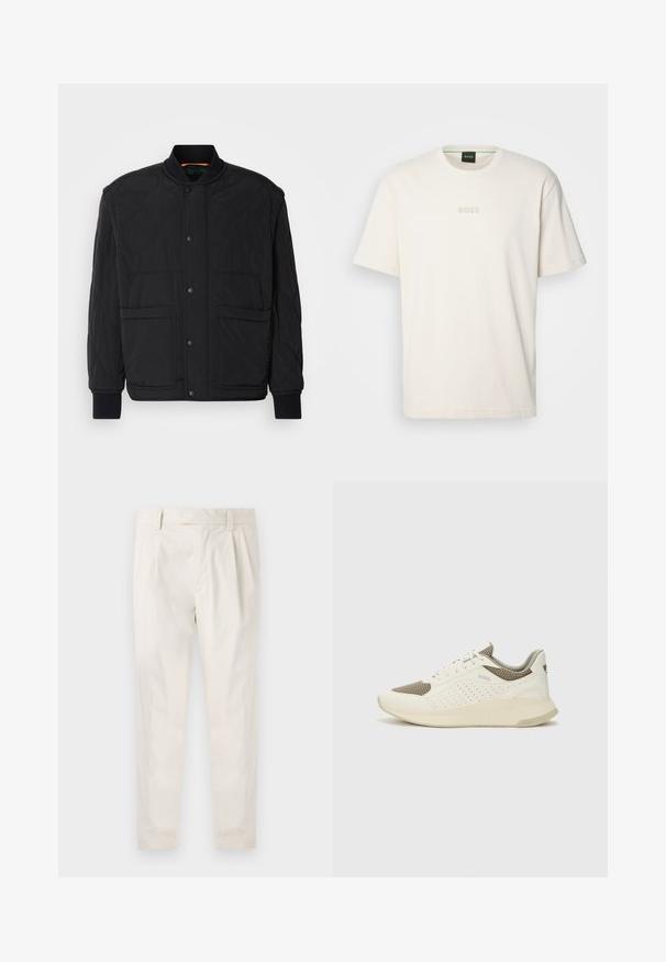 Črna prešita jakna z rebrastim ovratnikom, sprednjim zapiranjem na pritisne gumbke in dvema velikima žepoma. Ima gladko teksturo in oblazinjeno zasnovo.; BOSS TEE - Navadna majica - open white; Bele, plisirane hlače s krojenim prileganjem, z gladko teksturo, z zankami za pas in ožjimi hlačnicami. Brez vidnih žepov ali vzorcev.; Beli in svetlo bež športni copat, s mrežastim zgornjim delom, perforiranimi detajli in teksturirano srednjim delom z blagovno znamko na peti.