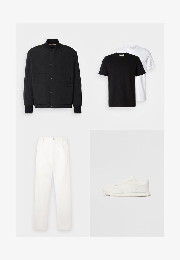 Svart quiltet jakke med ribbet krage, frontlukking med trykknapper og to store lommer. Har en glatt tekstur og polstret design.; To enkle bomulls T-skjorter, en svart plassert foran en hvit, begge med korte ermer og rund hals.; Hvite bukser laget av glatt stoff, med rett ben-design, frontfolder og en enkelt knappelukking i livet.; Hvit sneaker med en mesh- og syntetisk overdel, rund tå, flate lisser og en teksturert sidestropp. Gummisåle med en pull-tab bak.