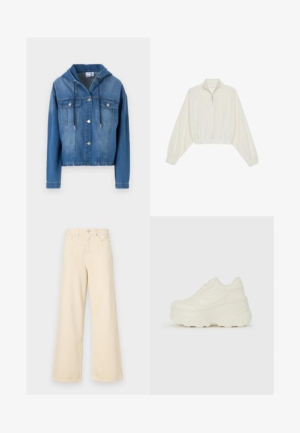 Τζάκετ από τζιν με κουκούλα, σε ανοιχτό μπλε χρώμα, με κουμπωτή μπροστινή πλευρά, δύο τσέπες στο στήθος και κορδόνια στην κουκούλα.; Κομμένο pullover από κρέμα ύφασμα, με ψηλό γιακά, μισό φερμουάρ, ελαστική μέση και μανίκια, με λεία υφή και μινιμαλιστικό σχέδιο.; Μπεζ τζιν με φαρδιά ποδαράκια φτιαγμένα από βαμβάκι. Διαθέτουν κλείσιμο με κουμπί, θηλιές ζώνης και εμπρόσθιες τσέπες με λεία, μαλακή υφή.; Λευκά αθλητικά παπούτσια με πλατφόρμα, διαθέτουν λείο επάνω μέρος που μοιάζει με δέρμα, στρογγυλή σιλουέτα, επενδυμένο κολάρο και υφασμένο καουτσούκ σόλα με καθορισμένα μοτίβα.