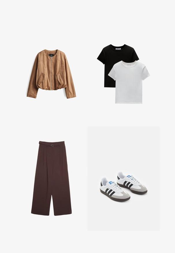 Giacca bomber in suede marrone con collo rotondo, chiusura con zip e due tasche frontali. Texture morbida e design con vita arricciata.; Due magliette a girocollo, in nero e bianco, realizzate in cotone. Presentano maniche corte e un design a tinta unita, senza fantasie né accenti.; Stradivarius WIDE-LEG WITH BUCKLE DETAIL - Pantaloni - dark brown; Scarpe sportive con tomaia in pelle bianca, punta in suede grigia e tre strisce nere. Presentano un logo blu sulla linguetta e una suola in gomma testurizzata.