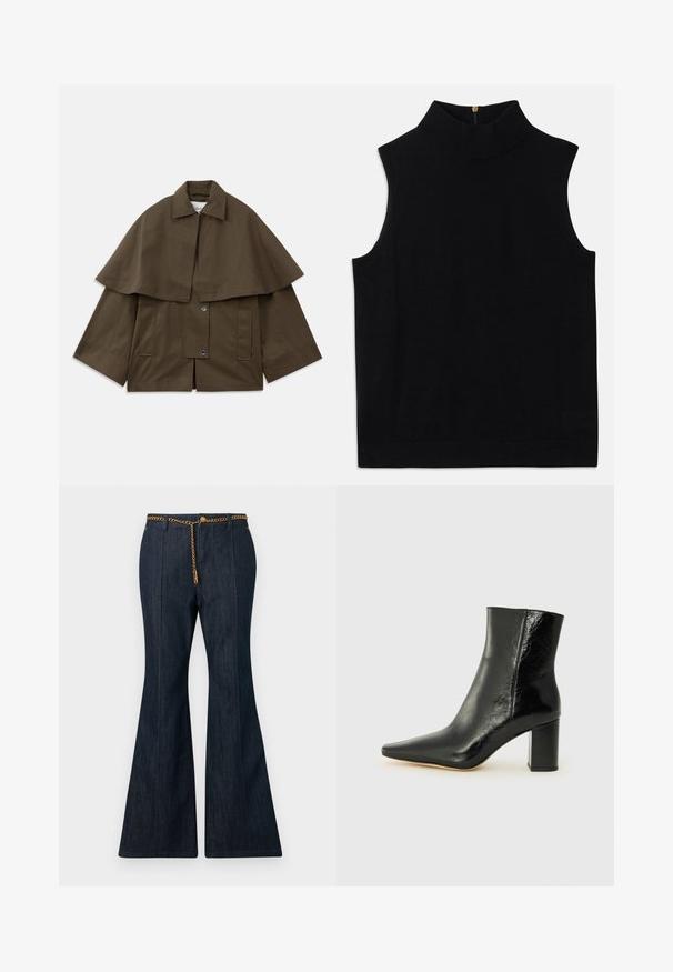Casaco castanho, de forma rectangular, com colarinho e uma sobreposição parecida com uma capa. Apresenta dois bolsos frontais e fechos de pressão para apertar. Material de algodão estruturado.; Top preto sem mangas tipo gola alta, feito de material suave, apresentando um colarinho alto e fecho zipp na parte de trás. Design simples sem padrões ou detalhes.; Jeans de ganga escuros com corte à boca de sino e cintura alta, apresentando um cinto em corrente dourada e costura em contraste ao longo das costuras.; Botim preto até ao tornozelo, feito de couro brilhante, com bico apontado e um salto grosso e quadrado. Apresenta uma textura suave e um design minimalista.