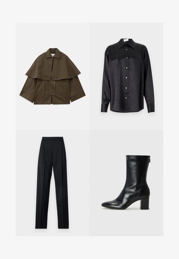 Giacca marrone, cubica, con colletto e sovrapposizione a mantello. Presenta due tasche frontali e chiusure a scatto per la chiusura. Materiale in cotone strutturato.; Camicia nera a maniche lunghe con colletto, caratterizzata da una texture stropicciata, chiusura frontale con bottoni e polsini. Realizzata in un tessuto morbido.; Pantaloni neri realizzati in tessuto morbido, caratterizzati da vita alta, gambe larghe, pince frontali e classiche passanti per cintura. Non ci sono tasche laterali visibili.; Stivale alla caviglia in pelle nera con punta affusolata e tacco a blocco di 4 cm. Design elegante con cerniera laterale per una facile calzata. Tessuto liscio.