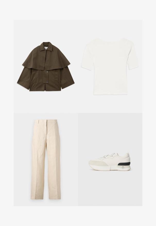 Casaco castanho, de forma rectangular, com colarinho e uma sobreposição parecida com uma capa. Apresenta dois bolsos frontais e fechos de pressão para apertar. Material de algodão estruturado.; Top branco de malha com mangas curtas e decote largo. A textura apresenta riscas verticais, realçando um ajuste justo e um design simples.; Calças de linho bege com um corte solto, frente plissada e pernas retas. Apresentam uma cintura com passantes para cinto e sem bolsos visíveis.; Sneaker branco com biqueira em camurça texturizada, parte superior em malha lisa, atacadores decorativos e um detalhe na parte de trás em borracha preta.