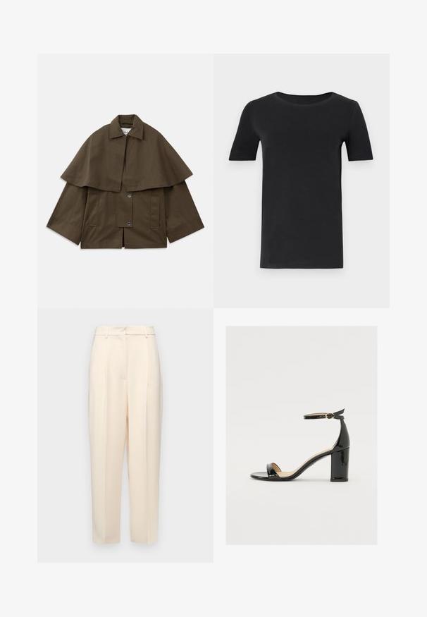 Hnědá, hranatá bunda s límečkem a pláštěnkovým překrytím. Obsahuje dvě přední kapsy a patentky pro zapínání. Strukturovaný bavlněný materiál.; Černé tričko s krátkým rukávem vyrobené z měkké bavlny, s kulatým výstřihem a klasickým střihem. Hladká textura, bez vzorů nebo ozdob.; Béžové kalhoty na míru se rovný fit, s plizovanými detaily na přední straně, hladkou texturou a středním pasem. Bez viditelných kapes.; Černé lakované sandály s širokým podpatkem, otevřenou špičkou a řemínkem kolem kotníku se zlatou sponou. Hladký povrch a elegantní design.