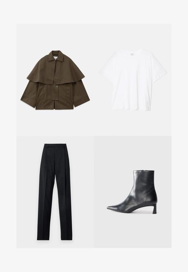 Giacca marrone, cubica, con colletto e sovrapposizione a mantello. Presenta due tasche frontali e chiusure a scatto per la chiusura. Materiale in cotone strutturato.; T-shirt bianco in cotone con maniche corte, scollo rotondo, vestibilità comoda e orlo cucito. Etichetta visibile all'interno del colletto.; Pantaloni neri realizzati in tessuto morbido, caratterizzati da vita alta, gambe larghe, pince frontali e classiche passanti per cintura. Non ci sono tasche laterali visibili.; Stivaletto in pelle nera con punta affusolata e design elegante. Presenta un tacco basso e una chiusura con zip sul retro. Texture liscia.