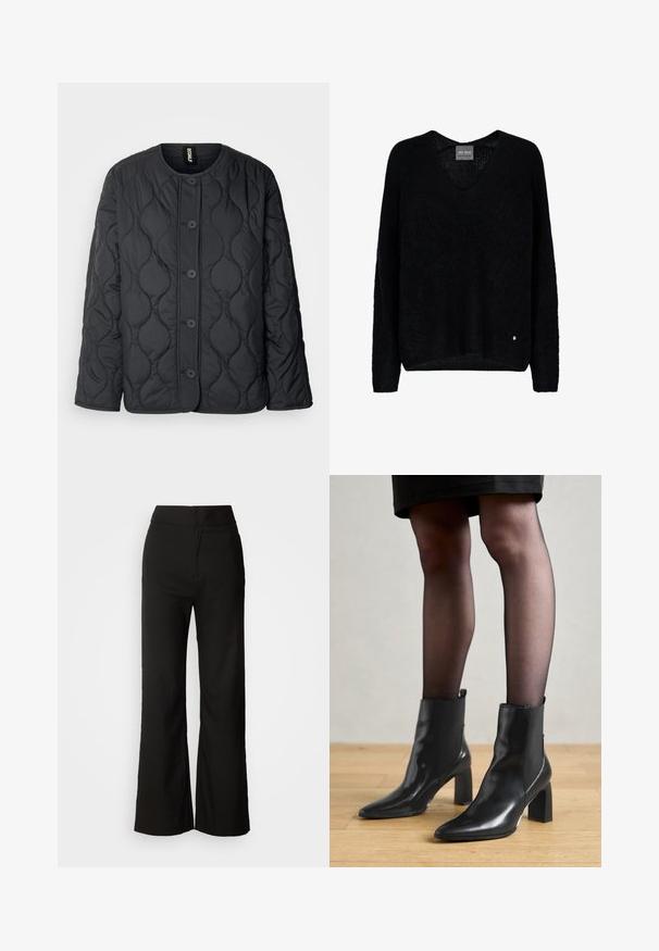 Ecoalf JACKET WOMAN - Lett jakke - anthracite; Svart, strikket genser med V-hals og lange ermer. Har en avslappet passform og et lite metallisk logo på nederste venstre hjørne.; Sorte vidde-bukser med glatt tekstur, høy midje og et rent design. Ingen synlige lommer eller pynt.; Sorte ankelstøvler i skinn med spiss tå, chunky firkantet hæl, og slank design. Har elastiske sidede paneler for enkel påføring.