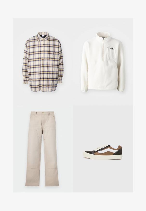 Krémová košeľa na gombíky s modro-žltými károvanými vzormi. Dlhé rukávy, voľnejší strih a klasický golier. Mäkčká, textúrovaná látka.; Biely fleecový pulóver so zipsom na krku, predný vrecko a logo na hrudi. Mäkká textura s voľným strihom.; Béžové bavlnené nohavice so strihom rovný nohavíc, s dvoma prednými vreckami a dvoma zipsovými detailmi. Zlato-tonové kovanie.; Čierne a hnedé tenisky s bielymi akcentmi, z plátna, nízkoprofilový dizajn, okrúhla špička a béžová gumená podrážka. Obsahujú kontrastné šitie.