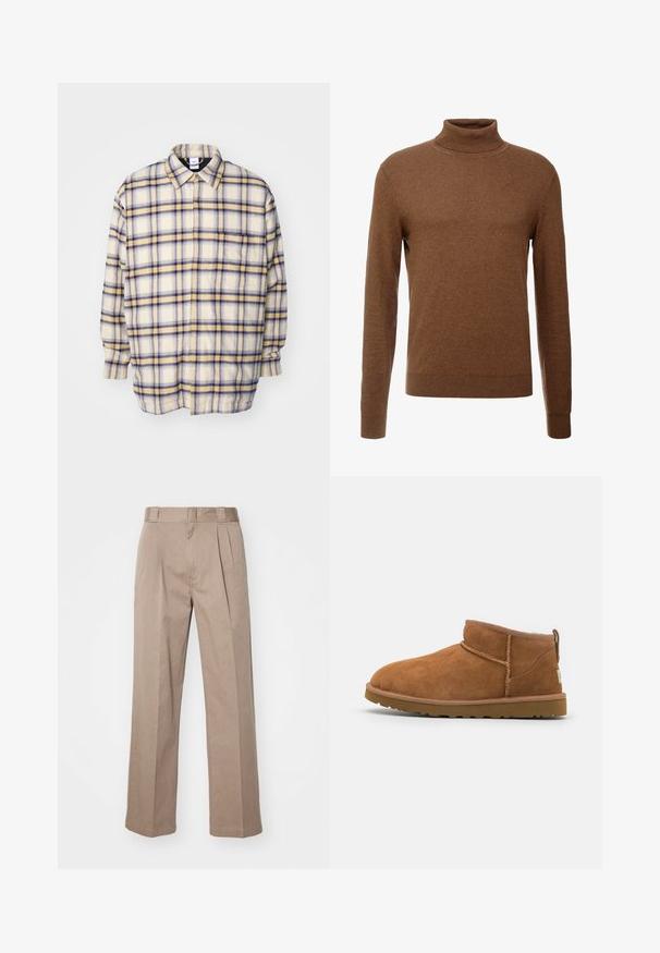 Kreemikas nööpidega särk siniste ja kollaste ruuduste mustritega. Pikkade varrukatega, mugav lõige ja klassikaline krae. Pehme, tekstureeritud kangas.; Pruun kõrge kaelusega sviiter pehmest kangast, pikkade varrukatega, ribadega mansettide ja sobiva disainiga, ilma nähtavate mustriteta.; Bežid kõrge vöökohaga püksid, millel on laiad sääred. Omavad kaht esist kurru ja siledat tekstuuri. Standardne pikkus ja puhas viimistlus.; Kerged suede pahklipüne, ümarate varvastega, delikaatsed õmblustead ja tekstureeritud kummist tald. Lühike kõrgus ilma paeltega.