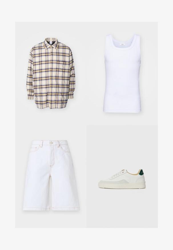 Knapp-up skjorte i cremefarve med blå og gule tern. Lange ærmer, afslappet pasform og en klassisk krave. Blødt, tekstureret stof.; Hvid bomulds ærmeløs tanktop med rund halsudskæring, der har en glat tekstur og en tætsiddende pasform, designet til casual brug.; Hvide denim shorts med lige skæring, fem lommer og kontrastfarvet beige syninger. Inkluderer en frontknap og lynlåslukning.; Hvide sneakers med ruskindsdetaljer, rund tå, flade snørebånd og en cremet gummisål. Har grøn branding på hælen.