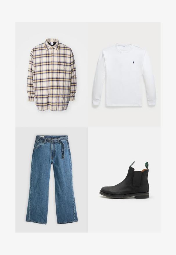 Camicia button-up color crema con motivi a quadri blu e gialli. Maniche lunghe, vestibilità rilassata e colletto classico. Tessuto morbido e testurizzato.; T-shirt bianco a maniche lunghe realizzato in cotone, con scollatura a girocollo e un piccolo logo blu marino sul lato sinistro del petto. Texture liscia, design semplice.; Jeans in denim blu con gamba larga, cintura attaccata, tasche laterali e cuciture visibili su uno sfondo chiaro e uniforme.; Stivaletti Chelsea in suede neri con pannelli elasticizzati ai lati e una linguetta. Suola piatta con leggera texture, punta rotonda e minimo dettaglio di cucitura.