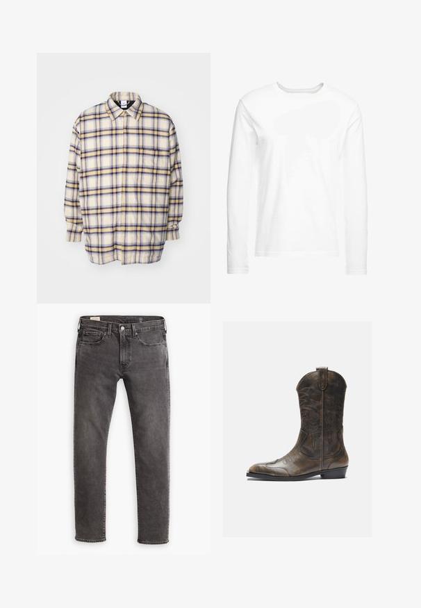 Krems krāsas pogas krekls ar zilu un dzeltenu rūtiņu rakstu. Garas piedurknes, brīva piegriezuma un klasiskā apkakle. Mīksta, teksturēta auduma.; Garā piedurkņu balta T-krekls, kas izgatavots no mīksta kokvilnas. Apaļa kakla izgriezuma forma ar taisnām apakšmalām un bez redzamām rakstiem vai grafikas.; Pelēki denima džinsi ar taisnu griezumu, piecu kabatu dizainu un pogu aizdari. Satur vieglu izbalēšanu un tonālu šuvju izstrādājumu visā virsmā.; Brūnas ādas kovboju zābaki ar garu kāju, norādītu purngalu, sarežģītām šuvju rakstībām un mazu papēdi. Virsma ar faktūru visā zābakā.