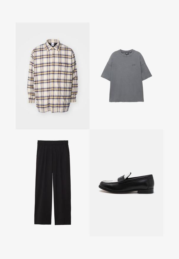 Nappipaita kermajalalla, jossa on sinisiä ja keltaisia ruutuja. Pitkät hihat, rento leikkaus ja klassinen kaulus. Pehmeä, johdonmukainen kangas.; Harmaa lyhythihainen t-paita pyöreällä pääntiellä, 100% puuvillaa, jossa on hienovarainen logo brodeerattuna rintaan. Pehmeä rakenne.; Mustat väljät housut, joissa on laskostettu etuosa, sivutaskut ja sileä kankaan rakenne. Suunniteltu rentoa istuvuutta varten.; Musta nahkainen loaferi, jossa on kontrastina valkoinen nahkainen paneeli ja ompeleet. Ominaisuuksiin kuuluu sileä pinta ja matala korko.