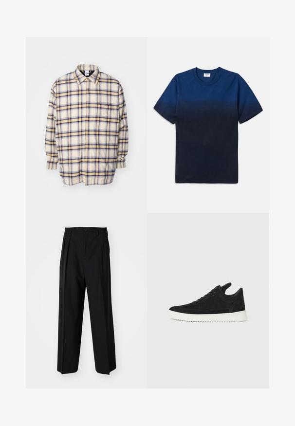 Krems krāsas pogas krekls ar zilu un dzeltenu rūtiņu rakstu. Garas piedurknes, brīva piegriezuma un klasiskā apkakle. Mīksta, teksturēta auduma.; Tums zila kokvilnas T-kreklu ar apaļu kaklu, īsām piedurknēm un izsmalcinātu gradientu dizainu, kas pāriet no gaišākām uz tumšākām nokrāsām.; Melnas plisētās bikses ar taisnu, plata kāja dizainu. Izgatavotas no gludas auduma, ar pogu aizdari un jostas cilpiņām.; Melna zamša apavi ar baltu gumijas zoli, ar tonālu izšuvumu un auklu dizainu. Gluda tekstūra ar mūsdienīgu, plūstošu formu.