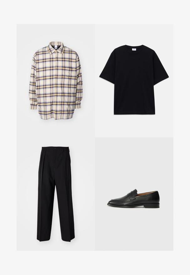 Camisa abotonada en color crema con patrones de cuadros azules y amarillos. Mangas largas, corte relajado y cuello clásico. Tela suave y texturizada.; Camiseta oversized de manga corta en negro con escote redondo y etiqueta de la marca Filippa K visible en el interior del cuello.; Pantalones negros plisados con un diseño recto y de pierna ancha. Fabricados en una tela suave, presentan un cierre de botón y trabillas para el cinturón.; Mocasín de cuero negro con punta redonda, detalles de costura sutil y un tacón bajo, que presenta una textura suave y un diseño minimalista.