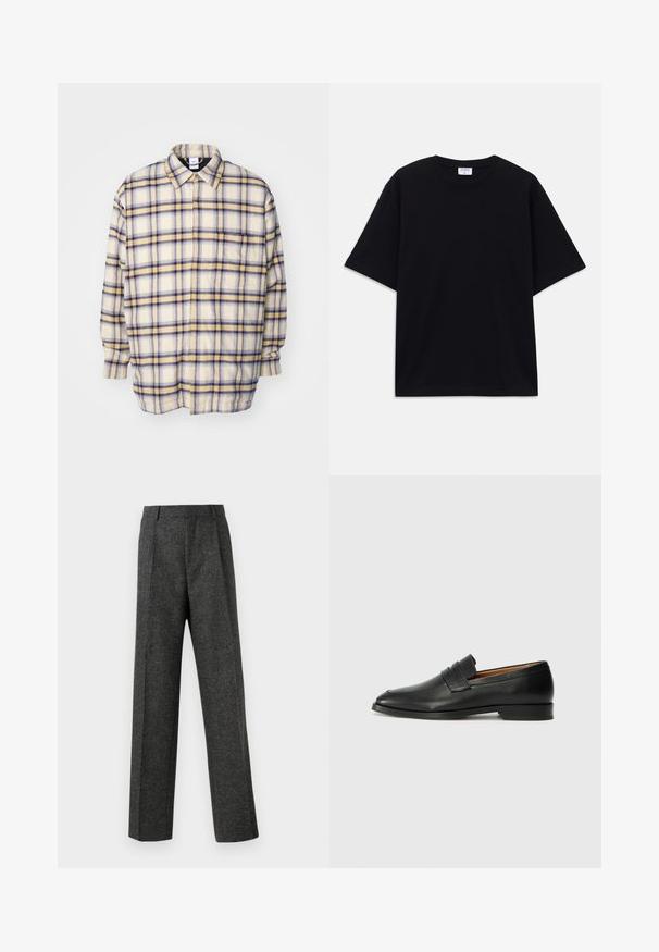 Camicia button-up color crema con motivi a quadri blu e gialli. Maniche lunghe, vestibilità rilassata e colletto classico. Tessuto morbido e testurizzato.; T-shirt oversize nera a maniche corte con scollatura rotonda e etichetta del marchio Filippa K visibile all'interno del colletto.; Pantaloni grigi su misura realizzati in tessuto strutturato, con due pieghe frontali e un design a gamba dritta. Nessuna tasca o decorazione visibile.; Mocassino in pelle nera con punta arrotondata, dettagli cuciti sottili e tacco basso, caratterizzato da una texture liscia e un design minimalista.