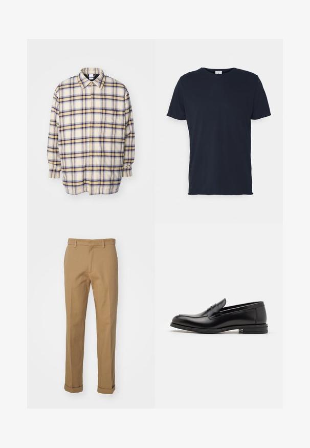 Button-up shirt in cream with blue and yellow plaid patterns. Long sleeves, relaxed fit, and a classic collar. Soft, textured fabric.; Navy blue cotton t-shirt featuring a crew neckline and short sleeves, with a smooth texture and simple design, no visible patterns or accents.; Brown cotton trousers with a straight cut, featuring a rolled hem, two front pockets, and a smooth texture.; Black leather loafers with a smooth texture, rounded toe, and a decorative strap across the vamp. Low stacked heel, minimalist design.