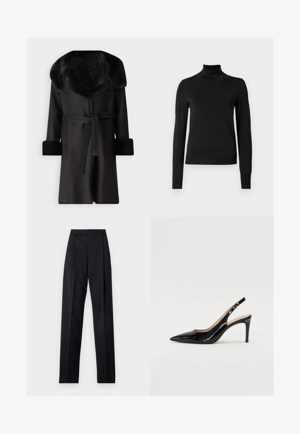 Musterniga mustal mantel laia faux fur kraega, tekstuurse mansetiga ja vöödiga taljes. Sile materjal, otse siluett ja avatud eesosa.; Mustmusterta mustaga pikkade varrukatega kõrge kaelusega sviiter, millel on ribakudumisega mansetid ja äär, esitatud lihtsal valgel taustal.; Mustad püksid siledast kangast, millel on kõrge vöökoht, laiad jalad, esimesed kortsud ja klassikalised vööloopid. Küljepockets pole nähtavad.; Must hõbedavärvi patendiga slingback kontsakingad terava varbaga, kitsas konts ja peene lõikega disain. Statistika on kuldne pandla rihmal.