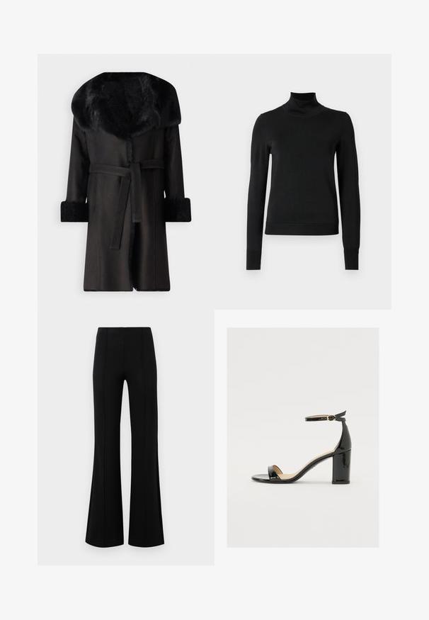 Črn plašč z širokim ovratnikom iz umetnega krzna, teksturiranimi manšetami in pasom v predelu pasu. Gladek material z ravno silhueto in odprtim sprednjim delom.; Črni pulover s dolgimi rokavi in vratnikom, z rebrastimi манжетами in robom, prikazan na enobarvni beli podlagi.; Črne krilate hlače z visokim pasom, izdelane iz raztegljive tkanine. Imajo vertikalne šive na sprednji strani in gladko teksturo.; Črne patentirane sandale s široko peto, odprtim prstom in trakovi okoli gležnja, ki imajo zlat zajemalec. Gladka tekstura in eleganten dizajn.