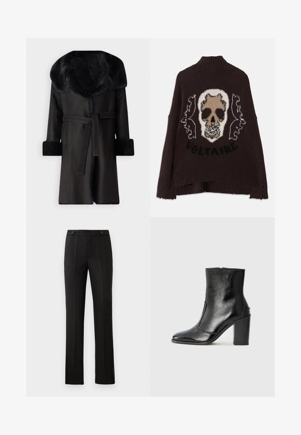 Fekete kabát széles műszőrme gallérral, texturált mandzsettával és övvel a deréknál. Simább anyag, egyenes sziluett és felnyitott elülső rész.; Barna kötött pulóver, középen koponya mintával, díszítő elemekkel és bordás szegélyekkel. A szöveg "VOLTAIRE" olvasható a koponya alatt.; Fekete, szabott nadrág egyenes lábbal, két elülső zsebbel, gombos záródással és plisszé részletezéssel elöl. Simább anyagú textúra.; Fekete bőr bokacipő sima textúrával, hegyes orral és vastag, magas sarkával. Oldalnyílással és minimalista dizájnnal rendelkezik.