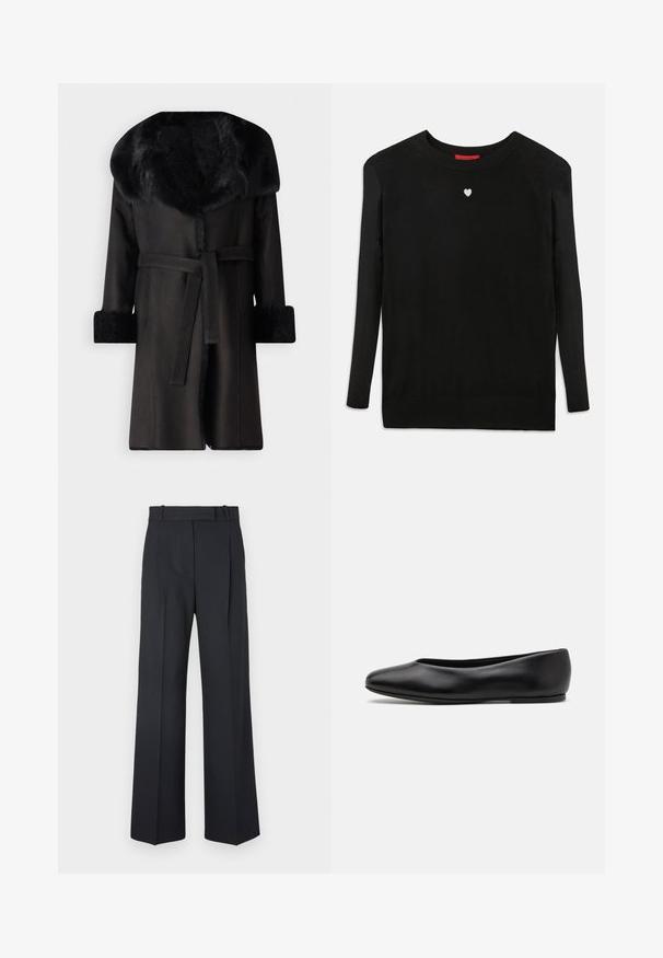 Black coat with a wide faux fur collar, textured cuffs, and a belt at the waist. Smooth material with a straight silhouette and open front.; Black knit sweater with long sleeves, crew neckline, and a small white heart on the chest. Soft texture and ribbed cuffs and hem.; Dark blue pinstriped trousers with a high waist, wide leg design, and no visible hardware or embellishments. Smooth texture and tailored fit.; Paul Smith TOPANGA - Ballet pumps - black