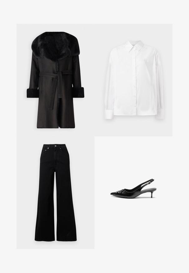 Svart kappa med en bred fuskpälskrage, texturerade manschetter och ett bälte i midjan. Slätt material med rak silhuett och öppen framsida.; Vit långärmad knapp-up skjorta i en mjuk bomullsblandning. Utrustad med klassisk krage, frontknäppning och rundade manschetter.; Svarta jeans med vida ben i denim, med hög midja, fem fickor, knäppning framtill och minimalistiska söm-detaljer.; Svart läderslingback med spetsig tå, låg klack i kattunge-stil och veckdetalj på framdelen. Slät textur och minimalistisk design.