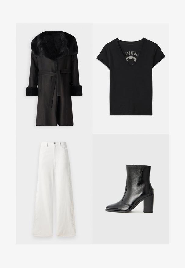 Svart kappa med en bred fuskpälskrage, texturerade manschetter och ett bälte i midjan. Slätt material med rak silhuett och öppen framsida.; Svart kortärmad t-shirt med djup V-ringning, med ett meshpanel och tryckt design på det inre lagret. Mjuk, andningsbar tyg.; Vita vida byxor i denim med sidobroderier och traditionell femfickorsdesign. Dragkedjestängning med en knapp.; Svart läderankelboot med en slät yta, spetsig tå och en kraftig hög klack. Har en sidöppning och ett minimalistiskt design.