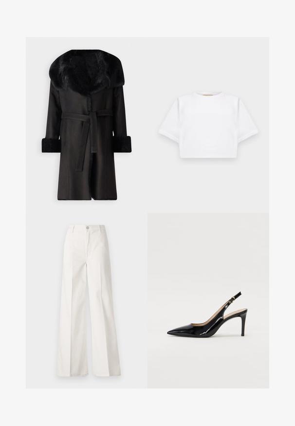 Zwarte jas met een brede nepbontkraag, textuurmanchetten en een riem in de taille. Gladde stof met een rechte silhoeët en een open voorkant.; Gemiddelde witte T-shirt gemaakt van zachte stof, met korte mouwen, een ronde halslijn en geribbelde zoomdetails. Eenvoudig en ongecompliceerd ontwerp.; Witte wijde-broek gemaakt van katoen met een gladde textuur. Voorzien van een knoop aan de voorkant, ritsopening en vierzakkenontwerp.; Zwarte gepatineerde leren slingback pump met een puntige neus, slanke hak en een subtiel uitgesneden ontwerp. Bevat een gouden gesp op de band.