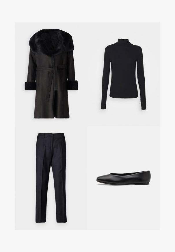 Svart kappa med en bred fuskpälskrage, texturerade manschetter och ett bälte i midjan. Slätt material med rak silhuett och öppen framsida.; Svart långärmad polotröja i mjukt tyg, med en volangkrage och en figurnära silhuett med enkla kanter.; Marinblå skräddarsydda byxor med en mjuk textur, som har flat front, dubbla veck och bälteshällor. Raka ben med avsytt avslut.; Paul Smith TOPANGA - Ballerinaskor - black