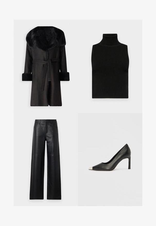 Palton negru cu un guler larg din blană sintetică, manșete texturate și o curea la talie. Material neted cu o siluetă dreaptă și față deschisă.; Top negru fără mâneci, cu guler înalt, realizat dintr-un material texturat cu nervuri și cu un design fitted. Material neted, fără alte detalii decorative.; Pantaloni din piele neagră cu picioare largi, având o textură netedă, cu buzunare frontale, sistem de închidere cu buton și detalii de cusătură subtile.; Pantof cu toc înalt din piele neagră, cu vârf ascuțit și un capac metalic argintiu. Are un finisaj neted și un toc subțire de 10 cm.