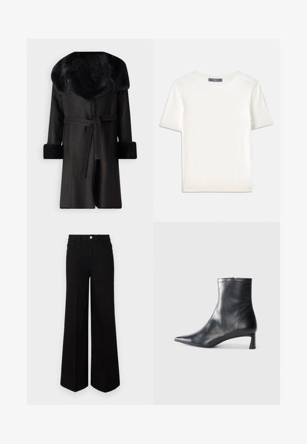Juodas paltas su plačiu dirbtinio kailio apykakle, tekstūruotais rankovėmis ir diržu juosmens srityje. Lygus audinys su tiesia siluetu ir atvirais priekiais.; Baltas trumpas rankovėmis megztinis su apvaliu kaklu, pasižymintis lygia tekstūra ir subtiliais raštuotais akcentais rankovėse bei apykaulyje.; Juodi plačiakojai džinsai, pagaminti iš tvirto audinio, su aukštu juosmeniu, priekinėmis kišenėmis ir priekiniais mygtukais. Lygus hem pastatytoje apačioje.; Juodas odinis kulkšninis batas su smailiu pirštu ir elegantišku dizainu. Turi žemą kulną ir užtrauktuką gale. Lygi tekstūra.