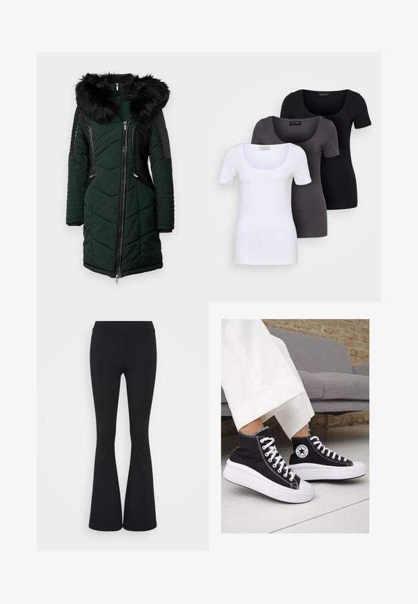 Casaco acolchoado verde com capuz de pêlo sintético preto, textura grega, zíperes laterais e detalhes em malha preta nas mangas e ombros.; Três t-shirts ajustadas em branco, cinza e preto. Cada uma possui um decote amplo e mangas curtas. Feitas de um tecido liso e elástico.; Calças pretas de corte alargado feitas de tecido elástico, com uma cintura alta e uma textura suave. As calças alargam-se a partir do joelho.; Ténis de cano alto em lona preta com solas e atacadores brancos. Apresenta um logo circular na lateral e costura branca em contraste.