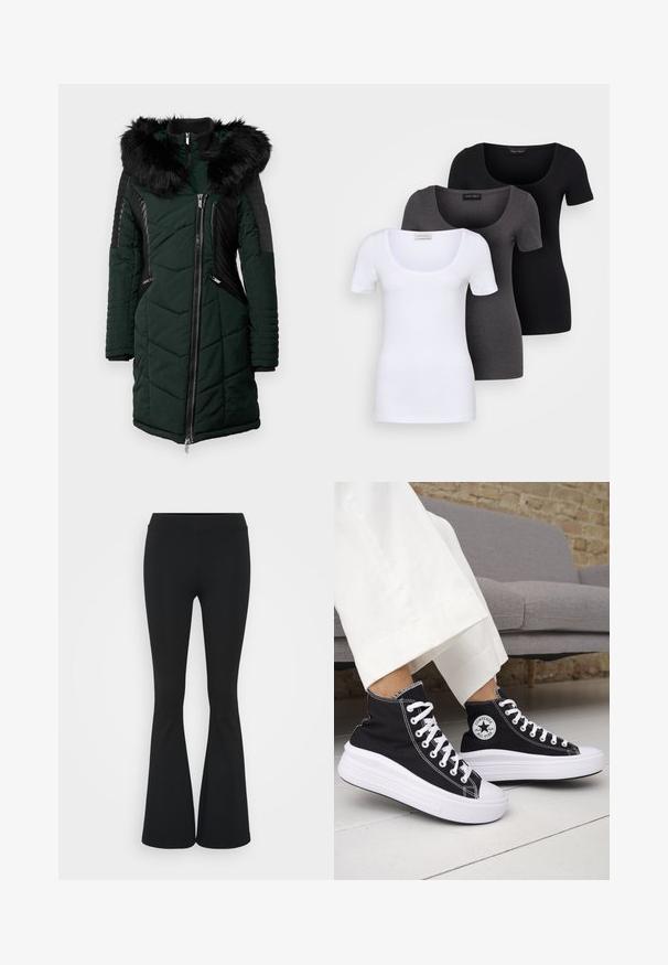 Grønn polstret frakk med hette i svart faux pels, kviltet tekstur, sidelukkinger og ribbede svarte detaljer på ermer og skuldre.; Tre figurerte T-skjorter i hvit, grå og svart. Hver har en bred scoop-nakke og korte ermer. Laget av glatt, elastisk stoff.; Svarte flared bukser laget av elastisk stoff, med høy midje og en glatt tekstur. Buksene vidder ut fra kneet.; Svarte høye sneakers med hvite gummisåler og lisser. Har et rundt logo-merke og kontrasterende hvite sømmer. Laget av lerret.