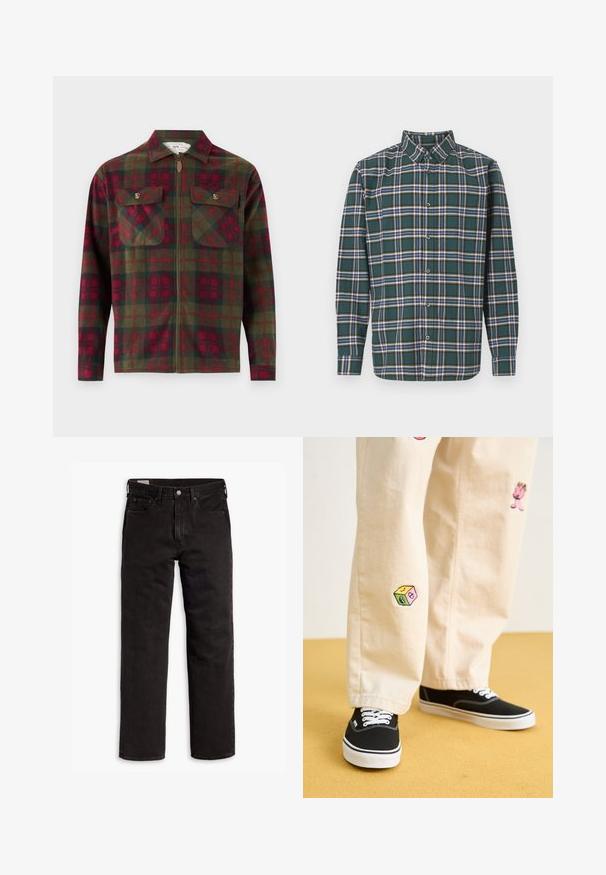 Kariertes Flanellhemd in Dunkelgrün und Rot, mit Reißverschluss, zwei Brusttaschen mit Klappen und einem Kragen.; Grünes Flanellhemd mit einem Karo-Muster, das blaue, weiße und senfgelbe Linien aufweist. Mit Knopfleiste und spitzem Kragen. Lange Ärmel.; Schwarze gerade Jeans aus Denim mit fünf Taschen, Knopfverschluss und Gürtelschlaufen, flach auf einem weißen Hintergrund ausgelegt.; Beige Baumwollhosen mit verspielten, gestickten Motiven, darunter eine pinke Figur und bunte Blöcke, kombiniert mit schwarzen Schnürsneakern.