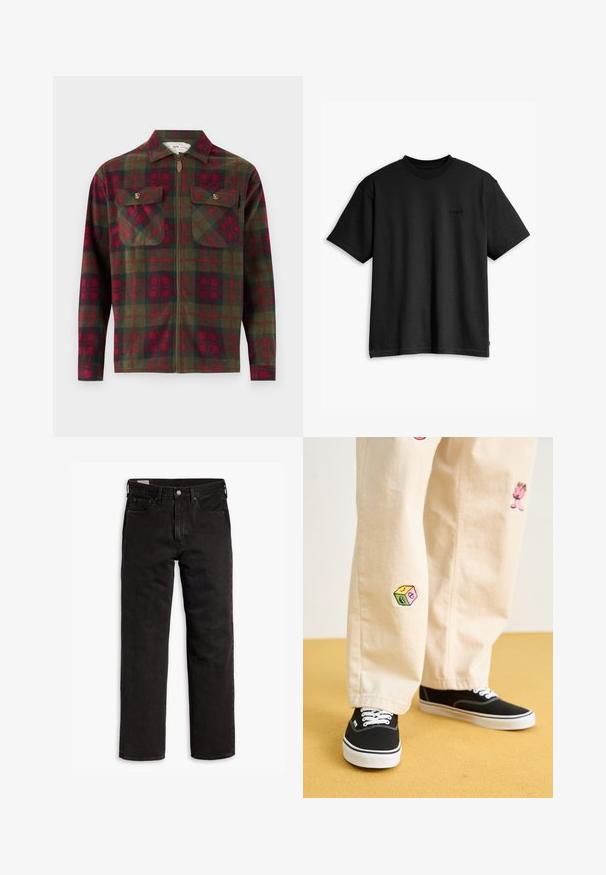 Kariertes Flanellhemd in Dunkelgrün und Rot, mit Reißverschluss, zwei Brusttaschen mit Klappen und einem Kragen.; Schwarzes Baumwoll-T-Shirt mit rundem Halsausschnitt und kurzen Ärmeln. Verfügt über ein dezentes Logo auf der Vorderseite und einen geraden Saum. Einfaches und minimalistisches Design.; Schwarze gerade Jeans aus Denim mit fünf Taschen, Knopfverschluss und Gürtelschlaufen, flach auf einem weißen Hintergrund ausgelegt.; Beige Baumwollhosen mit verspielten, gestickten Motiven, darunter eine pinke Figur und bunte Blöcke, kombiniert mit schwarzen Schnürsneakern.