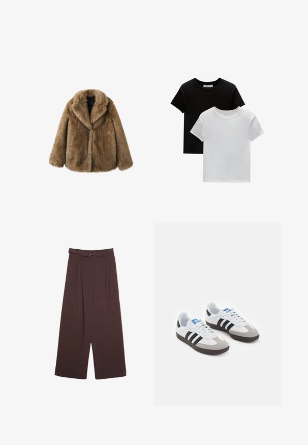 Brun faux fur frakke med bred krave, lange ærmer og lige snit med en blød, struktureret overflade. Ingen synlig hardware eller lukkemekanismer.; To crew-neck t-shirts i sort og hvid, lavet af bomuld. De har korte ærmer og et ensfarvet design uden mønstre eller accenter.; Stradivarius WIDE-LEG WITH BUCKLE DETAIL - Bukser - dark brown; Sportsko med en overdel i hvid læder, grå ruskind på tåen og tre sorte striber. Har et blåt logo på tungen og en struktureret gummisål.