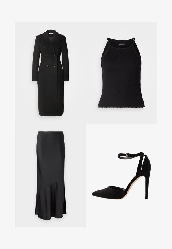 Morgan Klassisk kappa / rock - noir; Svart ribbad linne med scallop-mönstrad spetskant i nederkant. Har tunna axelband och en figurnära design. Tillverkad av elastiskt tyg.; Svart satinmidiklänning med en slank design, som har en lätt utflarring vid fållen och en sidoklyvning för ökad rörelsefrihet. Slät textur.; Svarta mockaskor med hög klack, spetsig tå, ankelrem och stilettklack. Designen har en slät textur med minimal detaljering.