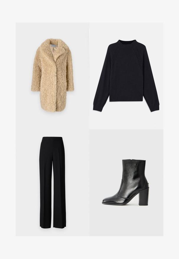 STAND STUDIO CAMILLE COAT - Casaco de inverno - natural beige; Sweater azul marinho escuro com decote redondo, mangas raglan longas, punhos canelados e barra reta. Feito de um material de malha macia e texturizada.; Calças largas pretas com uma textura suave, apresentando uma cintura alta e pregas centrais. Sem padrões visíveis ou detalhes em metal.; Bota ankle preta em pele com uma textura suave, bico fino e um salto alto robusto. Apresenta uma abertura lateral e um design minimalista.