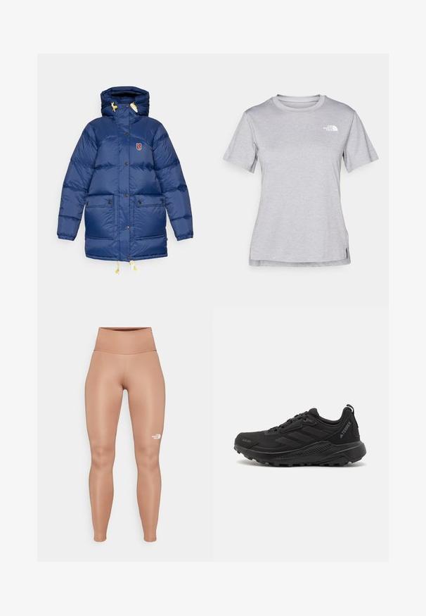 Námornícky modrá puffová bunda s kapucňou, ktorá má nášivku s logom, žlté šnúrky a dve predné vrecká so zapínaním na gombíky. Hladká textúra.; Sivý tričko s krátkym rukávom vyrobené z jemného, vlhkosť odvádzajúceho materiálu. Obsahuje okrúhly výstrih a malé biele logo na hornej ľavej strane.; Vysoké, priliehavé legíny svetlohnedej farby. Vyrobené z hladkého, elastického materiálu s bielym logom na ľavom stehne.; Čierne športové tenisky s textúrovaným syntetickým zvrškom, šnurovaním, hrubou gumovou podrážkou a diskrétnymi logovými akcentmi na boku a päte.