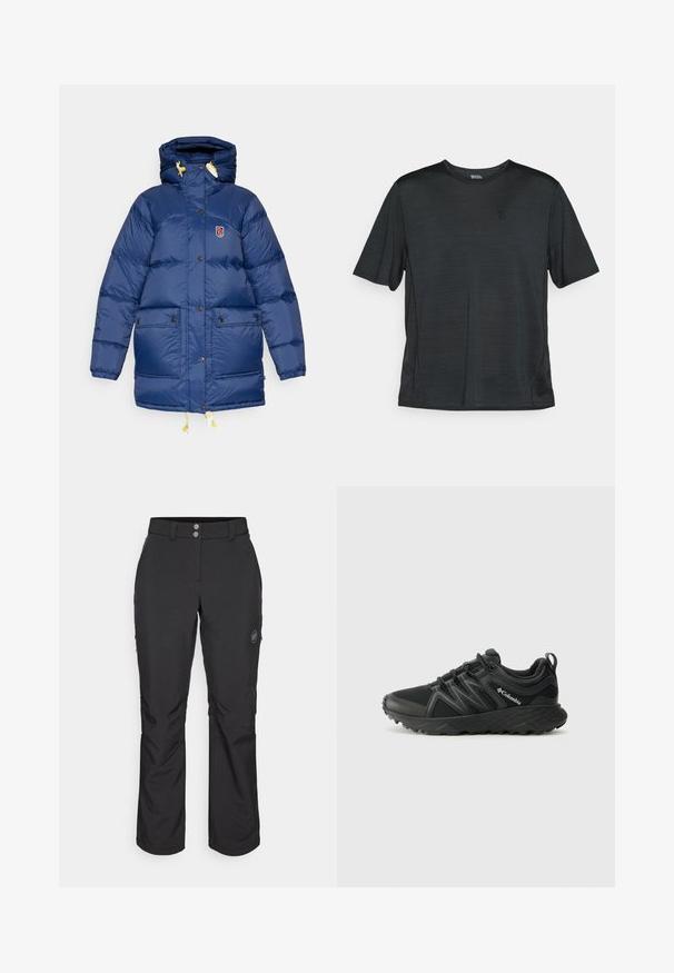 Sötétkék puffernadrág kapucnival, logóval ellátott folttal, sárga húzózsinórokkal és két elülső zsebbel, amelyek gombos záródásúak. Sima textúra.; Fekete, rövid ujjú sportpóló, könnyű, nedvességelvezető anyagból készült. Kerek nyakkivágással és kis logóval rendelkezik a mellkason.; Fekete, egyenes szabású kinti nadrág, gombos záródással, cipzáros oldalzsebekkel és logóval a bal combon.; Columbia PEAKFREAK - Túracipők - black