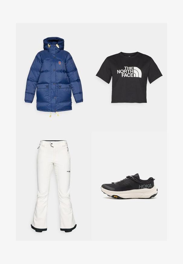 Tamno plavi puffer kaput s kapuljačom, s logom na zakrpi, žutim regulacijskim klinkama i dva prednja džepa s dugmadi. Glatka tekstura.; Crni kratki majica od pamuka s bijelim logotipom s zakrivljenim naglasima i tekstom "THE NORTH FACE" sprijeda. Kratki rukavi, okrugli ovratnik.; Bijele skijaške hlače izrađene od mekog, fleksibilnog materijala. Imaju uski struk, široke ispružene nogavice i crne obrube na manžetama. Vidljiv brend logo.; Crne atletske cipele s prozračnom mrežicom na gornjem dijelu, gumenim potplatom, bijelim amortizirajućim srednjim dijelom i reflektirajućim vezicama. Vibram logo na potplatu.